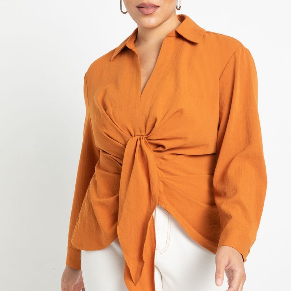 Eloquii Orange Collared Long Sleeve Tie Front Blouse